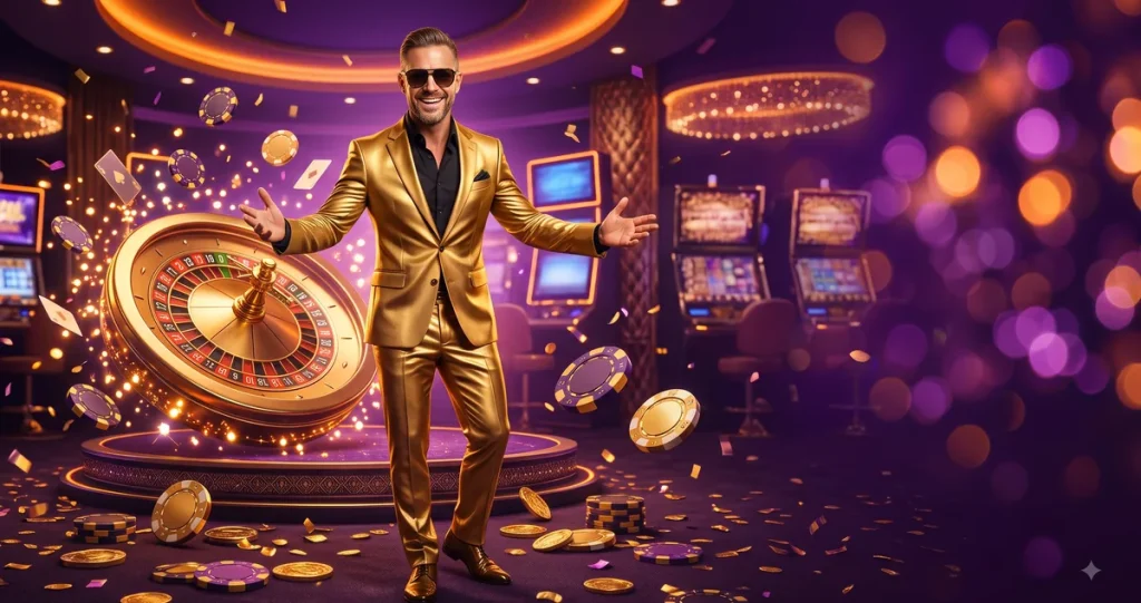 Milyar.com kayıt ol temalı görsel: altın takımlı figür, rulet çarkı ve casino atmosferi