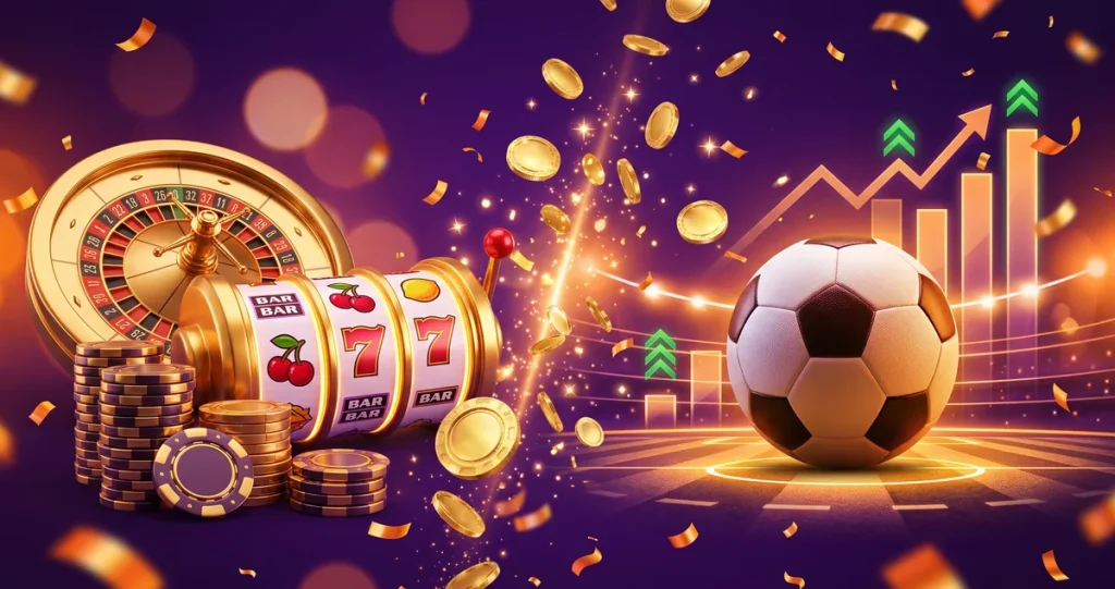 Milyar.com bahis sitesi görseli: rulet, slot ve jetonlarla casino, futbol topu ve yükselen oranlarla spor bahisleri