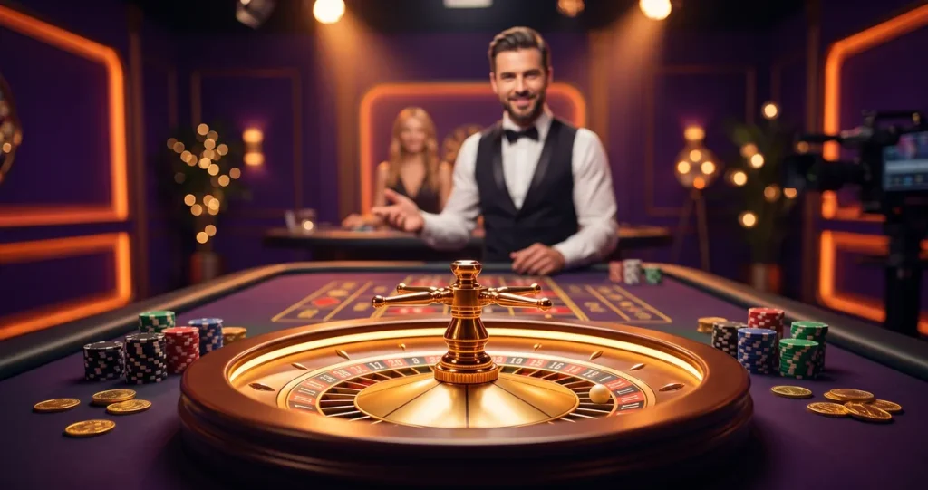 Milyar.com canlı casino görseli: krupiyeli rulet masası, jetonlar ve canlı yayın stüdyosu