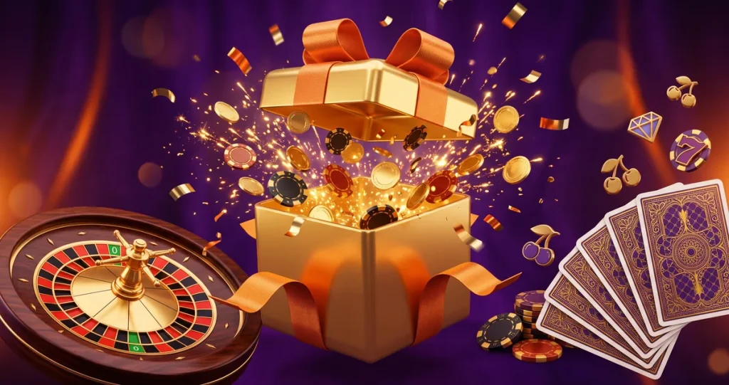 Milyar.com casino bonusu görseli: altın hediye kutusundan saçılan jetonlar, paralar ve rulet